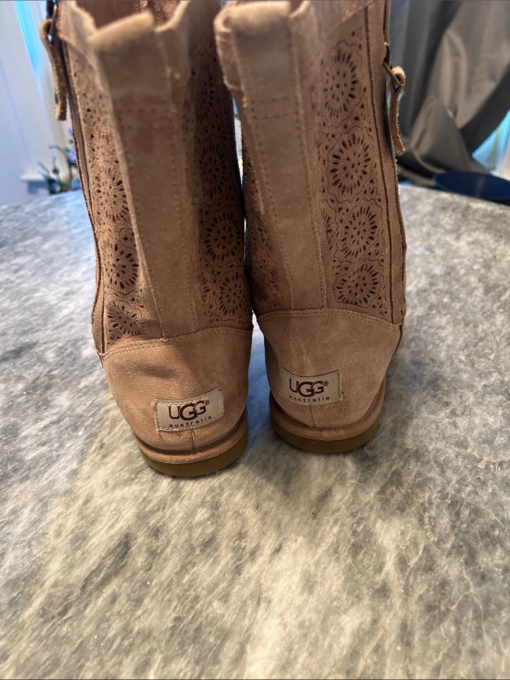 UGG Women's Tan Suede Ankle Booties with Laser-Cut Detail - Picture 3 of 7